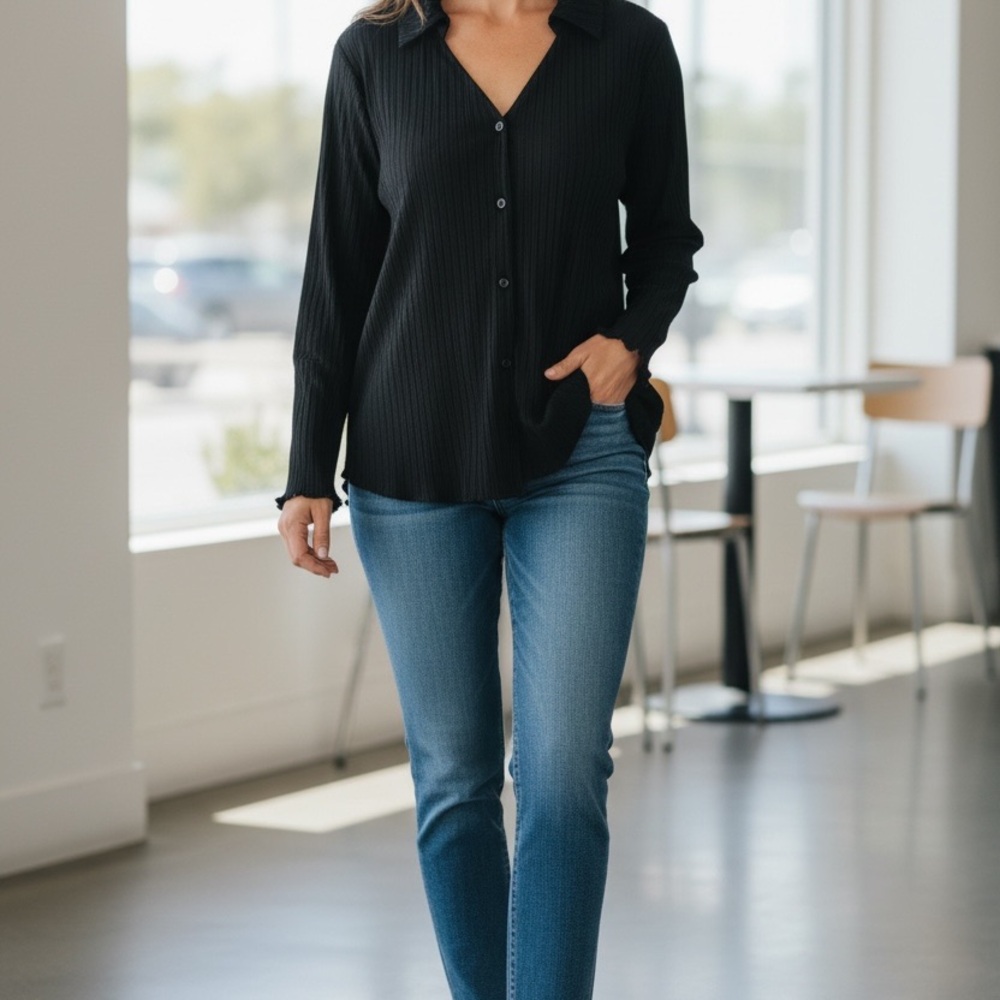 Joie Black Pleated Button Front Blouse Size L Long Sleeve Classic Top